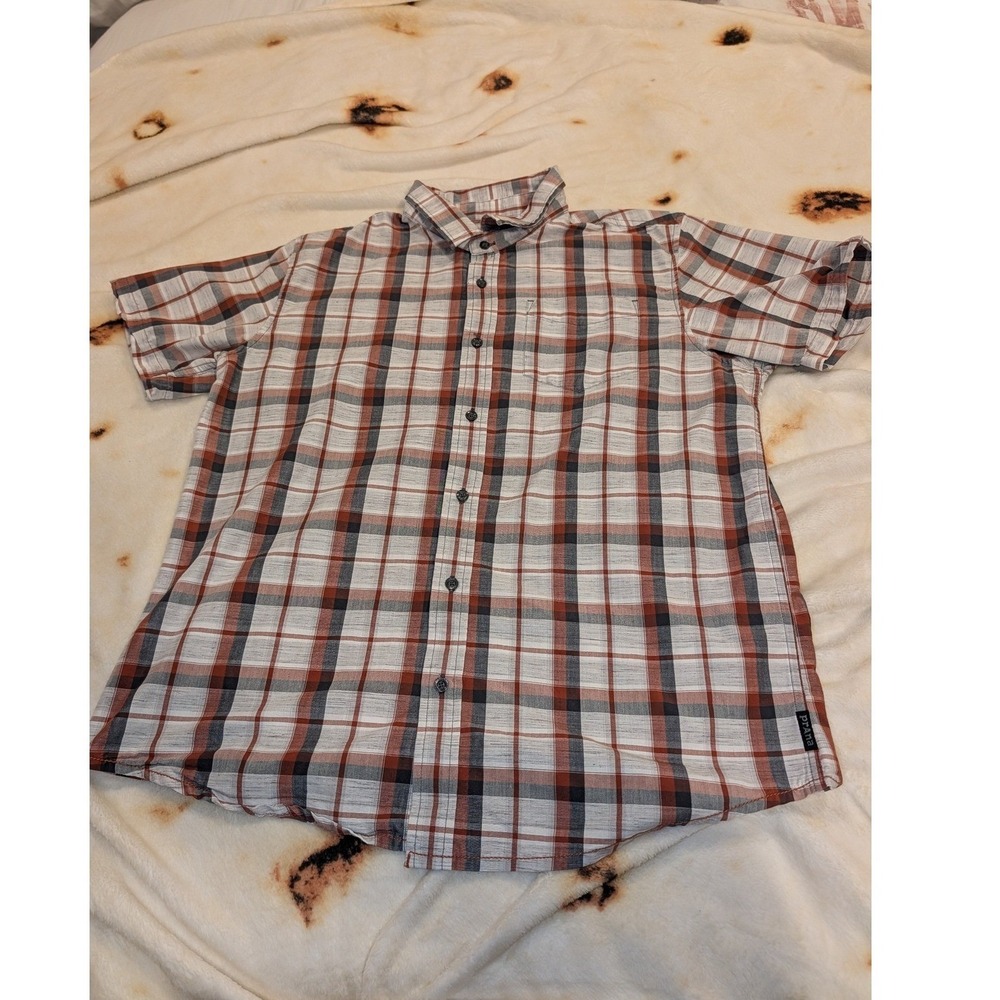 Prana Mens Large Short Sleeve Button Down Plaid Shirt Orange Grey Outdoor